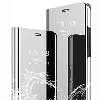 Abbildung von LINER Hülle für Samsung Galaxy A22 5G, Handyhülle Clear View Cover Spiegel Flip PU Leder Plating PC Schutzhülle mit Hart Standfunktion 5G Silber