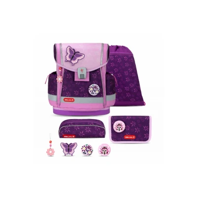 Abbildung von Belmil Classy Plus Schulranzen Set 5 teilig Purple Spring mit Brustgurt, Magnetverschluss, Patch 3 Stück Schulrucksack