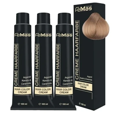 Abbildung von FemMas Haarfarbe 3x Lichtblond 9 I Professionelle Creme mit Arganöl, Keratin &amp; Ceramiden Als dauerhafte Haarfärbung oder Tönung für strahlende, haltbare Farbergebnisse 100 ml