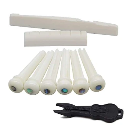 Abbildung von Alnicov Gitarrensaitenende Knochenmutter und Sattel Abalone Pins Ersatz Set (Knochenstifte Knochensattelmutter) mit Stiftabzieher für 6 saitige Akustikgitarre