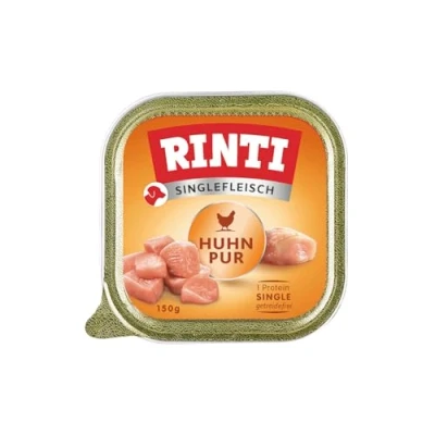 Abbildung von Rinti Singlefleisch Nassfutter für Sensible, ausgewachsene Hunde mit 100% Hühnerfleisch. Alleinfutter in Schälchen ohne Getreide, Kohlenhydrate und künstliche Zusätze 10x150g Huhn Pur