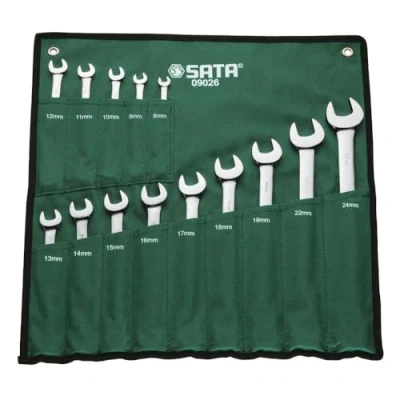 Abbildung von SATA ST09026SJ Ringmaulschlüssel, Gabelringschlüssel, Gabelschlüssel, Schraubenschlüssel Set metrisch 8 24 mm poliert aus CR V Stahl in praktischer Roll Tasche 14 Tlg.