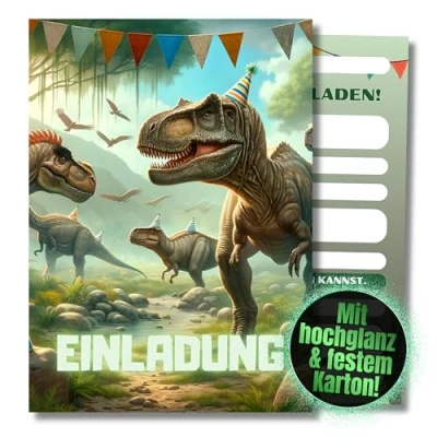 Abbildung von HIDEBLOOM I Dino Einladungskarten Kindergeburtstag Jungen 12 Stück DIN A6 (10,5 cm x 14,8 cm) Einladung Geburtstag Kinderparty Dinosaurier Teens Postkarten Kinder