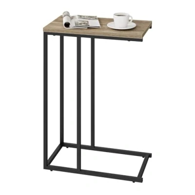 Abbildung von WOLTU Beistelltisch, Couchtisch C Form, Sofatisch, Kaffeetisch, Wohnzimmertisch, Telefontisch, Betttisch, mit Metallgestell, Schwarz Graue Holzoptik