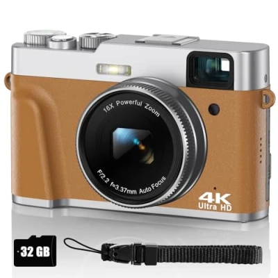 Abbildung von Digitalkamera 4K 48MP Fotoapparat Autofokus mit 32G SD Karte, Kompaktkamera Fotokamera Optischer Sucher 16X Zoom 2 Akkus Einfach zu Bedienen, Geeignet für Anfänger, Erwachsene, Jugendliche(Braun)