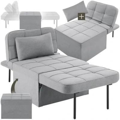 Abbildung von tectake® 4 in 1 gemütlicher Hocker mit Schlaffunktion, Sofa, Sessel oder Lounger, 6 Fach klappbar, als Couch, modulares Schlafsofa, Lesesessel, für Schlafzimmer, Jugendzimmer, Wohnzimmer hellgrau