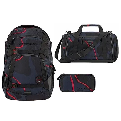 Abbildung von coocazoo Schulranzen Schulrucksack Set MATE Lava Lines 3 teilig (Rucksack, Mäppchen, Sporttasche), ergonomisch, reflektiert, Körpergröße: 135 180 cm