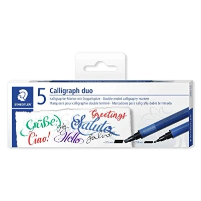 Abbildung von STAEDTLER 3002 C5 Kalligraphie Doppelmarker mit Keilspitze, 2 Spitzen 3.5 mm und mm, 5 Stück in verschiedenen farben