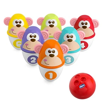 Abbildung von Chicco Monkey Strike Kids Bowling Set Kegelspiel für Kinder mit 6 trennbaren Pins, stapelbar in 12 Teile, inklusive Kunststoffball Kegelspielzeug, Geschenke von 18 Monaten bis 8 Jahren