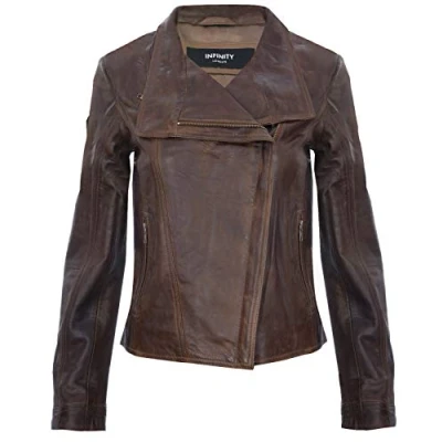 Abbildung von Damen Braun Echtlederjacke Classic Motorradfahrer Style Schal S