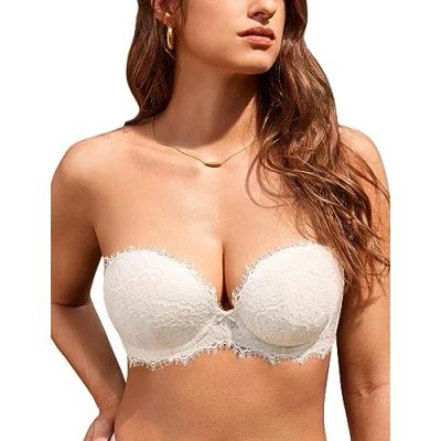 Abbildung von DOBREVA Damen Trägerloser Push Up BH Spitzen Tiefer Ausschnitt Bügel BHS Gepolsterter mit Abnehmbaren Trägern Kokosnuss Weiß 85E