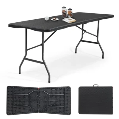 Abbildung von Sekey Buffettisch Klappbar Kunststoff 180 x 74 cm Rattan Optik Gartentisch mit Tragegriff Klapptisch Partytisch für Garten Terrasse und Balkon Campingtisch 6 Personen (Schwarz)