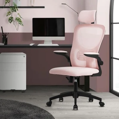 Abbildung von ML DESIGN Bürostuhl Schreibtischstuhl ergonomisch mit verstellbarer Kopfstütze, Armlehnen, Drehstuhl Rollen Rosa Computerstuhl Chefsessel Gaming Stuhl