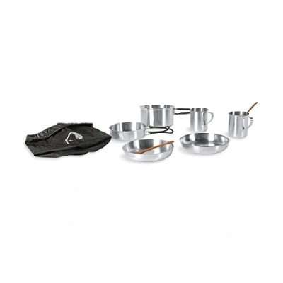 Abbildung von Tatonka Camping Kochgeschirr Picnic Set (8 teilig) Edelstahl Geschirr fürs Picknick zu zweit mit Topf, Pfanne, 2x Teller, Tasse Henkel und Löffel aus Kokosholz Schadstofffrei, Silber