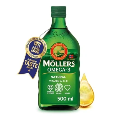 Abbildung von Möller&#039;s Omega 3 Lebertran Nahrungsergänzung mit EPA, DHA, Vit A, D und E Hochreiner natürlicher 165 Jahre alte Marke Superior Taste Award Neutraler Geschmack 500 ML