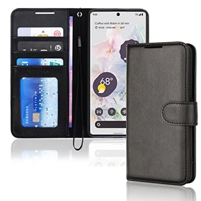Abbildung von TECHGEAR Leder Hülle Pixel 6, PU Flip Case Schutzhülle Ledertasche [Brieftasche] Handyhülle mit Ständer und Handschlaufe Beutel kompatibel Google 6 Schwarz
