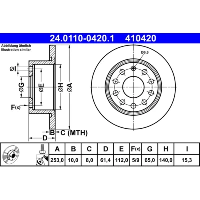 Abbildung von ATE 24.0110 0420.1 Bremsscheibe 253,0 10,0 5 112,0 voll beschichtet mit Schrauben SKODA: Octavia 3 Combi, Schrägheck