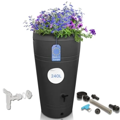 Abbildung von YourCasa Regentonne 230 Liter [Decore Design] Regenfass aus Kunststoff mit Wasserhahn, bepflanzbarer Deckel, Wasserhahn,240L