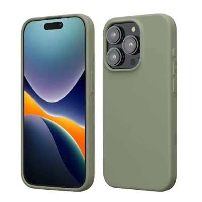 Abbildung von kwmobile Hülle für das iPhone 15 Pro Silikon Handy Case stoßfeste Handyhülle mit weicher Oberfläche Graugrün