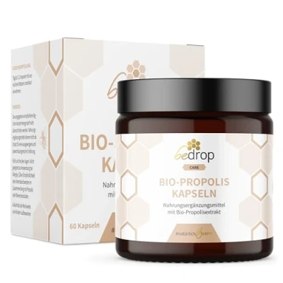 Abbildung von bedrop Bio Propolis Kapseln 800mg pro Kapsel hochdosiert 60 Extrakt aus Imkerei Reich an Polyphenolen &amp; Flavonoiden In nachhaltiger Glas Verpackung