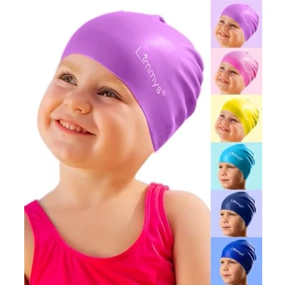 Abbildung von Limmys Premium Badekappe Kinder, badehaube Kinder Langes und kurzes Haar Schwimmkappe für Mädchen Jungen Hochwertige Qualität, Dehnbare &amp; Bequeme (S, Lila)