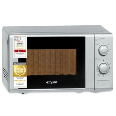 Abbildung von Exquisit Mikrowelle 20L, 700 Watt, Einfache Bedienung, 25,5cm Drehteller, 5 Leistungsstufen, Timer, Auftaufunktion, 2 Drehregler, MW 802 silber