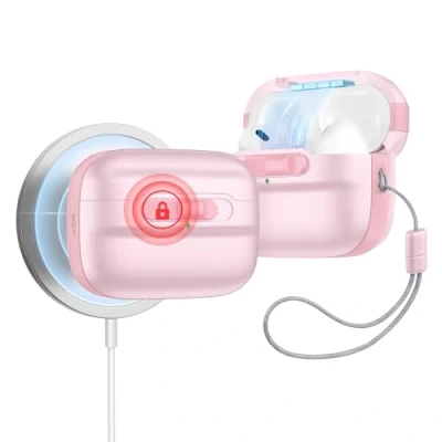 Abbildung von ESR für AirPods Pro 2./1. Generation Hülle (2023/2022/2019) mit HaloLock, MagSafe Ready, Magnetische Deckelverriegelung (USB C/Lightning Kabel), Sturzschutz Trageband, Pulse Serie, Rosa