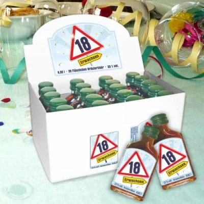 Abbildung von 20er Box Kräuterlikör Schnaps Zum 18. Geburtstag 2cl, 33% vol. Männergeschenk Scherzartikel