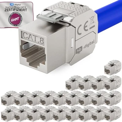 Abbildung von hb digital 24x CAT 8 Keystone RJ45 Modul Buchse für LAN Kabel GHMT Zertifiziert 40 Gbit/s bis 2000 MHz AWG 22 26 werkzeuglos LSA vollgeschirmt STP Einbaubuchse Patchpanel und Netzwerkdose