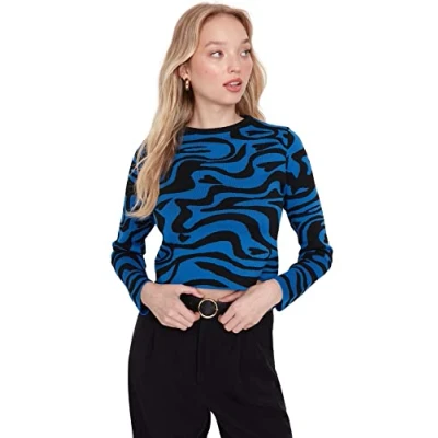 Abbildung von TRENDYOL Damen Pullover mit Rundhalsausschnitt und Tiermuster Sweatshirt, Blau, L