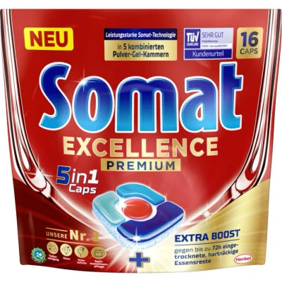 Abbildung von Somat 5in1 Caps Excellence Premium Spülmaschinentabs (16 St. Geschirrspültabs mit Extra Boost)