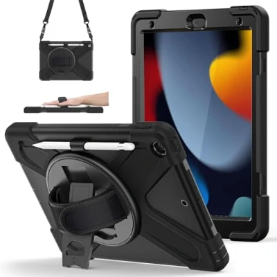 Abbildung von Junfire Hülle für iPad 9./8./7. Generation, 10,2&quot; Zoll Stoßfeste Robust Panzerhülle mit Stifthalter, Drehbar Stände, Handschlaufe und Schultergurt 10,2 2021/2020/2019 Schwarz