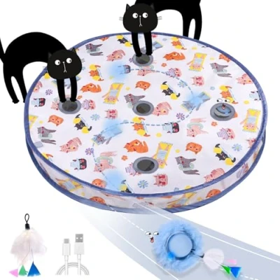 Abbildung von GoldenSun Katzenspielzeugball, Bewegungs Zwitscher aktivierter Beweglicher Ball, Matten Mäusefangspiel Blau, 5 Loch Versteckspiel für Katzen im Innenbereich
