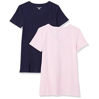 Abbildung von Amazon Essentials Damen Kurzärmeliges T Shirt mit V Ausschnitt, Klassischer Schnitt, 2er Pack, Marineblau/Hellrosa, S
