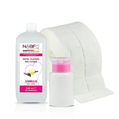 Abbildung von NAILS FACTORY Nagel Cleaner Set 500ml Vanille Duft mit Dispenser Pumpflasche Rosa 150ml &amp; 1000 Zelletten Pads für Gelnägel 70% Isopropanol