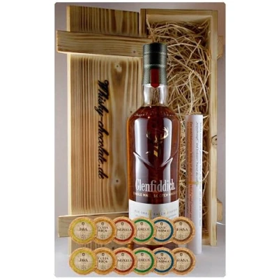 Abbildung von Geschenk Glenfiddich 18 Jahre Single Malt Whisky + 12 Edelschokoladen in 6 Sorten Holzkiste