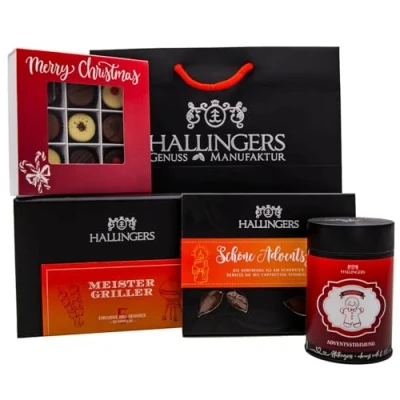 Abbildung von Hallingers Best of Christmas Weihnachtliches Geschenk Set mit Tafel, Tee, Pralinen &amp; Gewürz als Geschenkkorb zu Weihnachten (Set) Adventskalender Neuheiten befüllen Glückwunsch