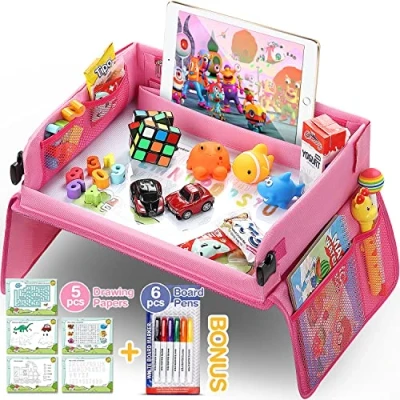 Abbildung von lenbest Kinder Reisetisch Kindersitz Spiel, Lernspielzeug für den Innenbereich mit 1 Transparenter Zeichnungsfilm + 5 Zeichenpapier 6 Farbstifte Zeichenbrett Geschenk zu Hause, Reise(Rosa)