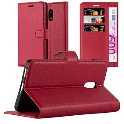 Abbildung von Cadorabo Hülle kompatibel mit Nokia 6 2017 Handyhülle aus Premium Kunst Leder Flip Klappbare Stoßfeste Magnetische [Standfunktion] [Kartenfächern] Cover für Tasche in Rot