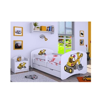 Abbildung von BDW Kinderbett mit Matratze und Bettkasten NEU, 140/160/180/190 Verschiedene Motive Für Junge Weiß (Bagger, 180x90)