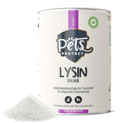 Abbildung von Pets PROTECT 100% reines LYSIN für Katzen &amp; Hunde 150 g Pulver hochdosiert Deutsche Herstellung Zur Vorbeugung Unterstützung des Immunsystems Bei Katzenschnupfen Ohne künstl. Zusätze