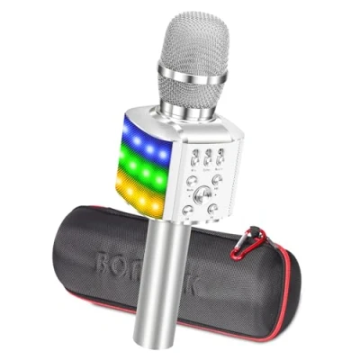 Abbildung von BONAOK Mikrofon mit Lautsprecher Led, Tragbares 4 in 1 Kinder Aufnahmefunktion, Zuhause Party Karaoke Dynamische Bluetooth Mikrofone für Android/iOS (Q36 Silber)