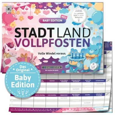 Abbildung von DENKRIESEN Stadt Land VOLLPFOSTEN® Baby Edition DIN A4 Spielblock Ab 9 Jahren Fluss Familienspiel Ideal für lustige Runden mit der Familie Perfekt Partys