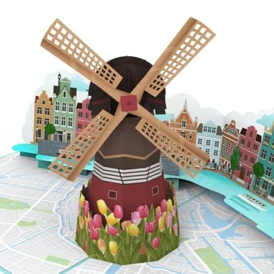 Abbildung von MOKIO® Pop Up Karte Windmühle, Tulpen und Grachten in Amsterdam 3D Geburtstagskarte für einen Holland Urlaub, Grußkarte zum Geburtstag