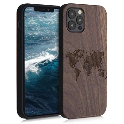 Abbildung von kwmobile Hülle kompatibel mit Apple iPhone 12 / Pro Holz Case Handy Cover TPU Handyhülle in Dunkelbraun Travel Umriss