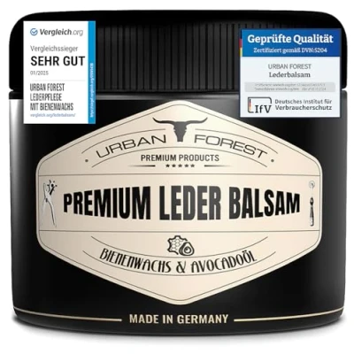 Abbildung von URBAN FOREST Lederpflege mit Bienenwachs &amp; Avocado Öl 250ml für Auto Sofa Couch Möbel Jacke Motorradbekleidung Handtaschen Ledercouch Schuhe Sattel Pferde Lederfett Premium Leder Balsam