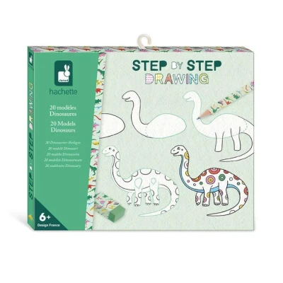Abbildung von Janod Step by Drawing Zeichnen lernen 20 Dino Modelle Zeichenset für Kinder Zeichen und Konzentrationsförderung Ab 6 Jahren J09154, weiß schwarz