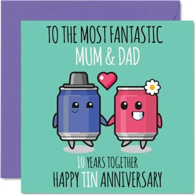 Abbildung von Stuff4 Süße Karte zum Hochzeitstag aus Zinn für Mama und Papa 10 Jahre zusammen Glückwunschkarten 10. Vater, Mutter, 145 mm x mm, Grußkarten zehnten Jahrestag