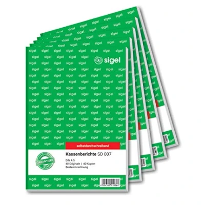 Abbildung von SIGEL SD007/5 Kassenbericht / Bestandsrechnung A5, 2x40 Blatt, selbstdurchschreibend, 5er Pack, mikroperforiert, mit Abheftlochung, aus nachhaltigem Papier