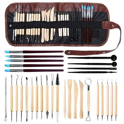 Abbildung von mreechan Modellierwerkzeug,30 Stück Carving Tools Clay Keramik Sculpting Ton Werkzeug mit eine Aufbewahrungstasche für Töpfer Künstler,Töpferwerkzeug Doppelseitige Werkzeuge Tools.